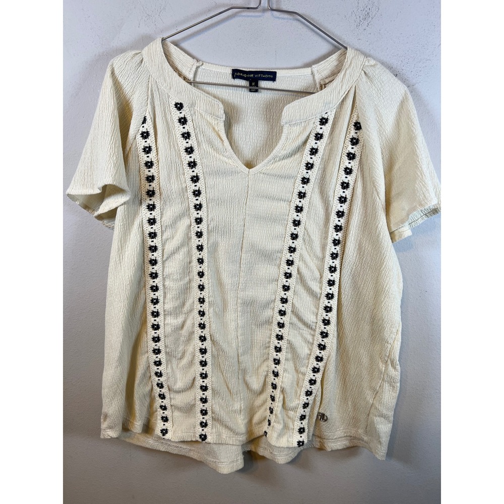 Adrienne Vittadini Womens Blouse Floral Embroidered Trim Cream 1X